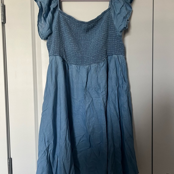 Blue Chambray Off-Shoulder Smocked Skater Dress - Picture 2 of 2
